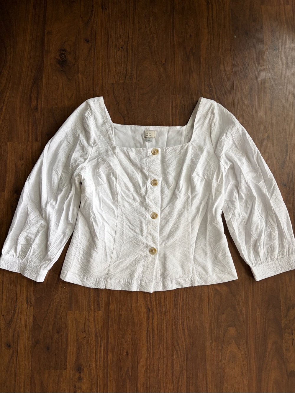 White Button-Front Square Neck Women's Top